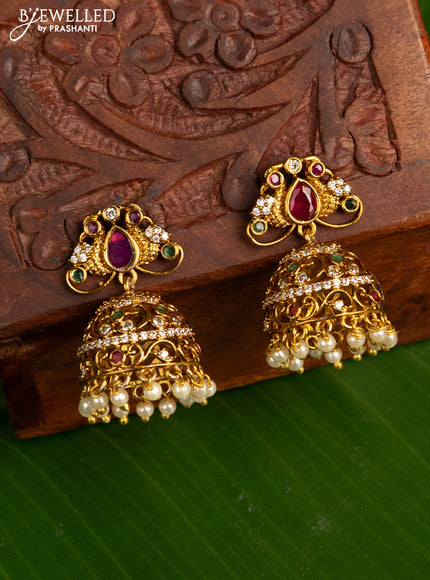 Antique jhumka with kemp & cz stones and pearl hangings