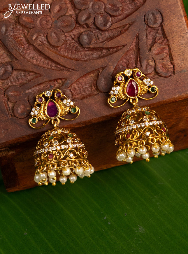 Antique jhumka with kemp & cz stones and pearl hangings