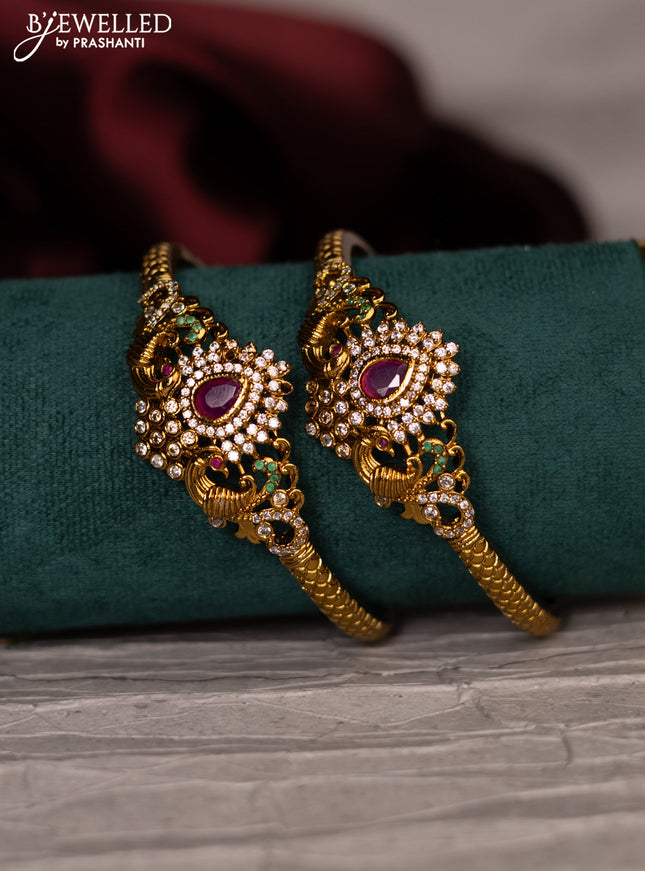 Antique kanti bangle peacock design with cz and kemp stones
