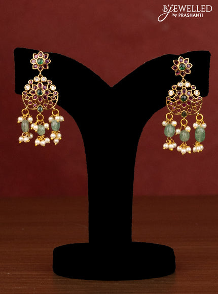 Beaded multilayer green haaram with kemp stones and beads & pearl hangings