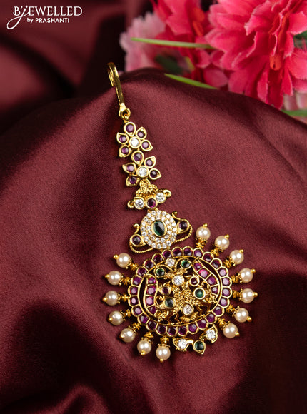 Antique maang tikka with kemp & cz stones and pearls