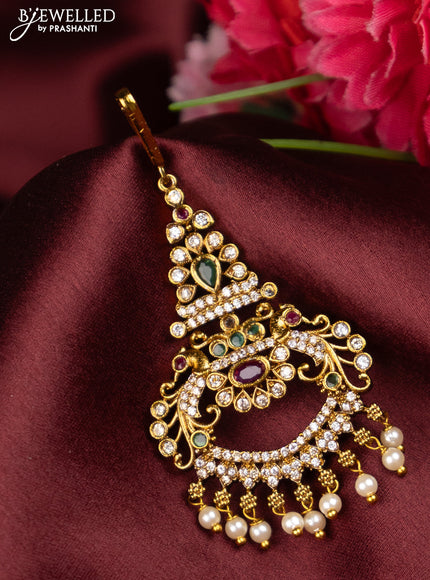 Antique maang tikka with kemp and cz stones and pearl hangings