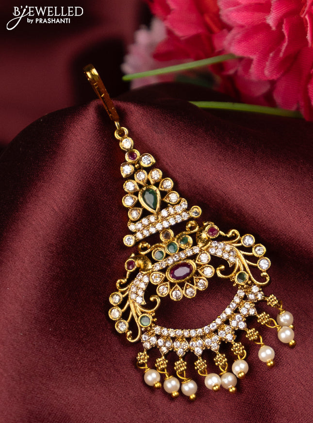 Antique maang tikka with kemp and cz stones and pearl hangings