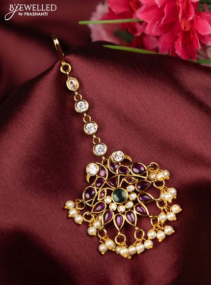 Antique maang tikka with kemp & cz stones and pearl hangings