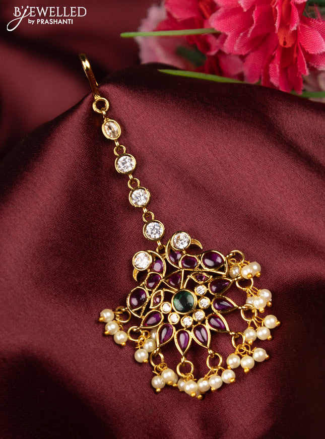 Antique maang tikka with kemp & cz stones and pearl hangings