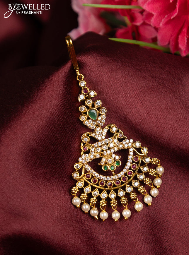 Antique maang tikka with kemp and cz stones and pearl hangings