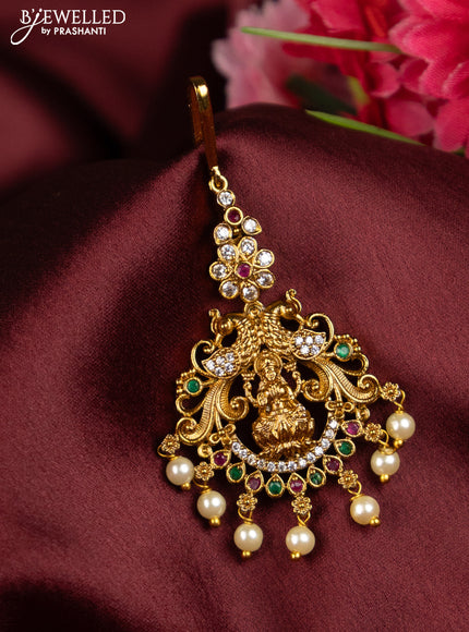 Antique maang tikka lakshmi deign with kemp and cz stones and pearl hangings