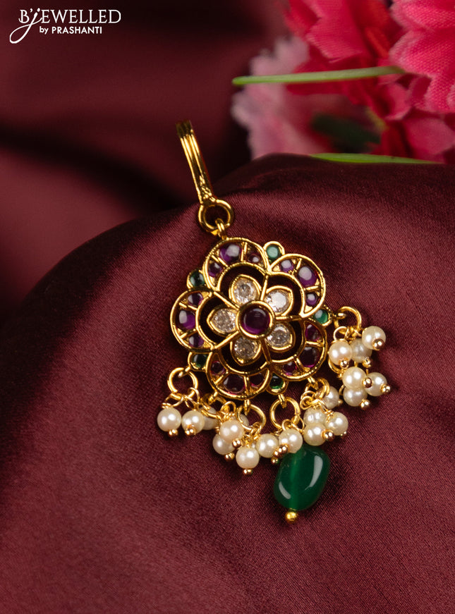 Antique maang tikka flower design with kemp & cz stones and pearls