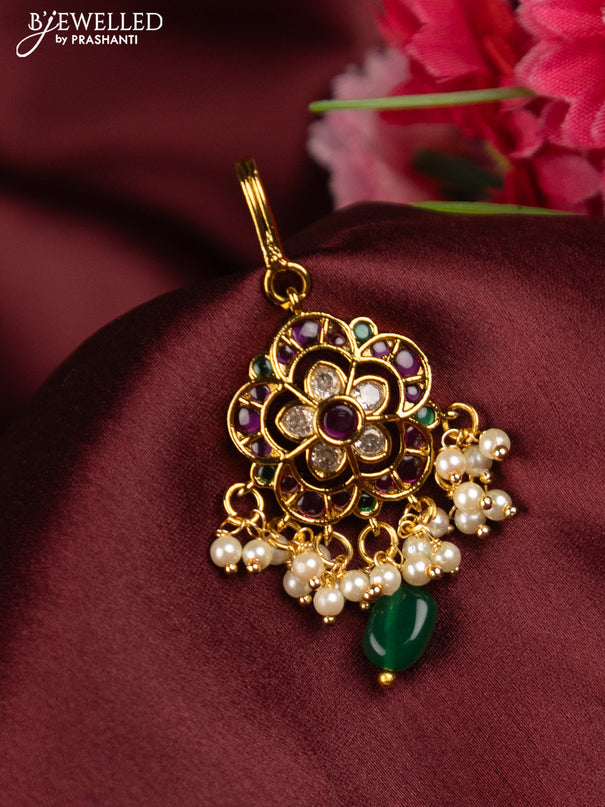 Antique maang tikka flower design with kemp & cz stones and pearls