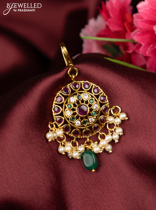 Antique maang tikka with kemp & cz stones and pearls