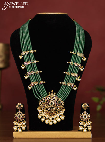 Beaded multilayer mint green necklace peacock design with kemp,cz stones and pearl hangings