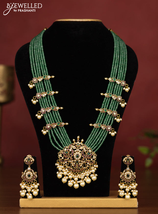 Beaded multilayer mint green necklace peacock design with kemp,cz stones and pearl hangings
