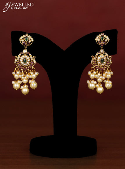 Beaded multilayer mint green necklace peacock design with kemp,cz stones and pearl hangings