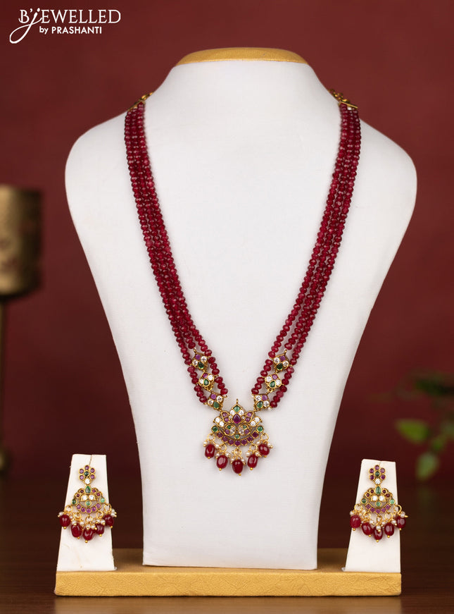 Beaded multilayer maroon necklace with kemp,cz stones and pearl hangings