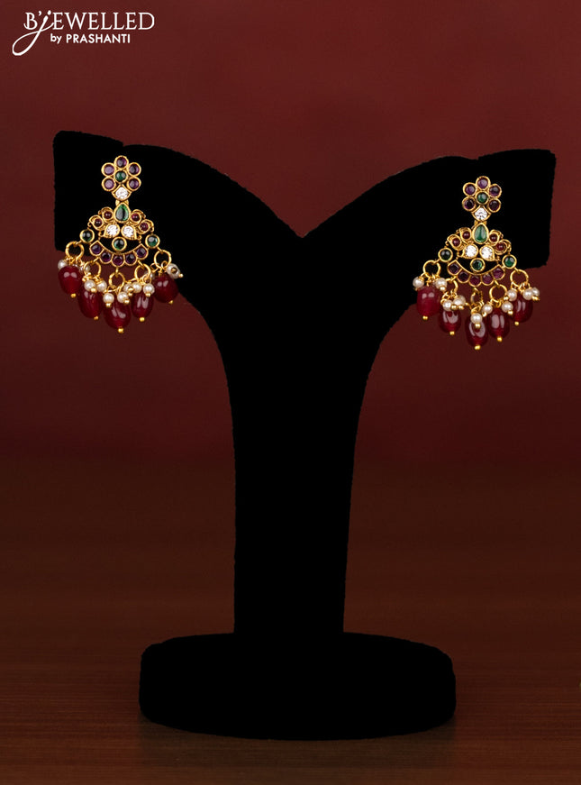 Beaded multilayer maroon necklace with kemp,cz stones and pearl hangings