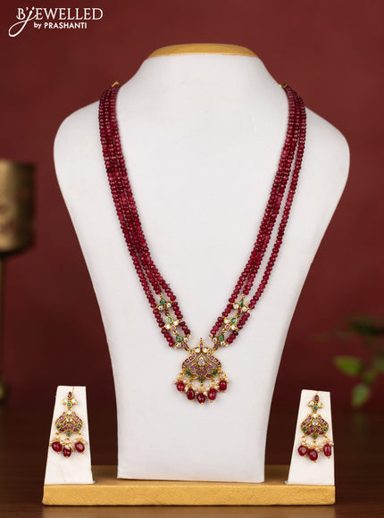 Beaded multilayer maroon necklace with kemp,cz stones and pearl hangings
