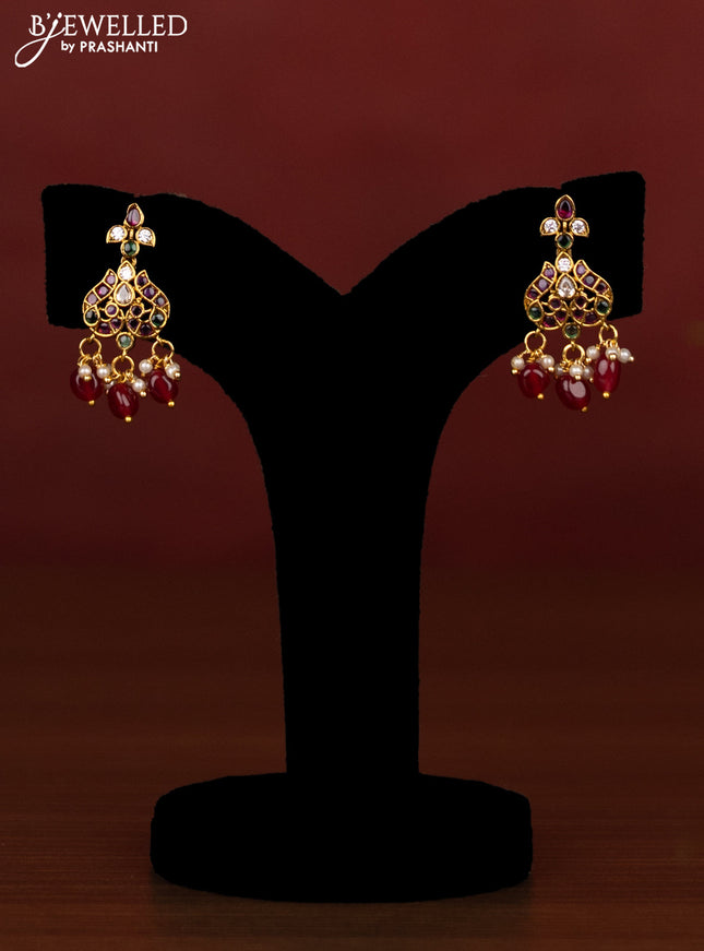 Beaded multilayer maroon necklace with kemp,cz stones and pearl hangings