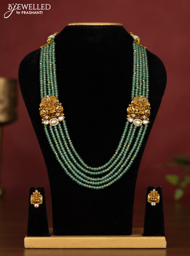 Beaded multilayer mint green necklace lakshmi design with cz stones