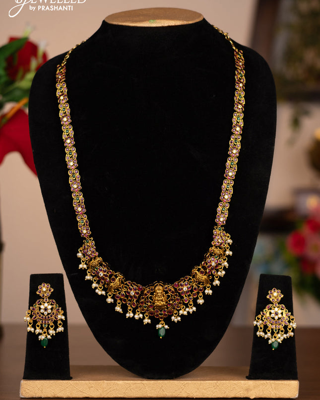 Antique Haram with lakshmi design with kemp,cz stones and pearl hangings