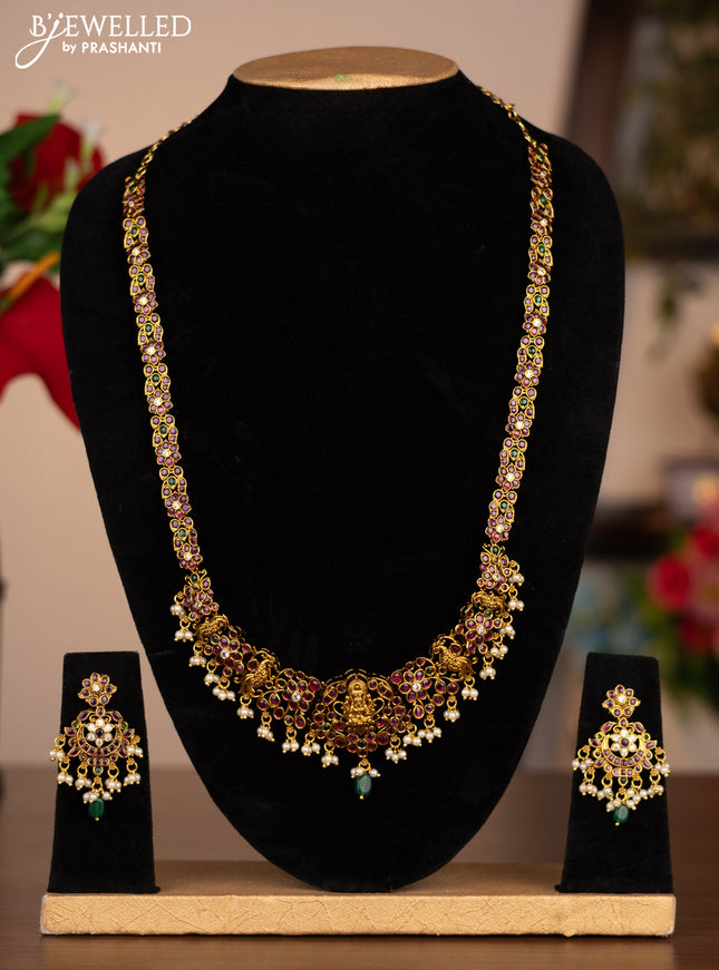 Antique Haram with lakshmi design with kemp,cz stones and pearl hangings