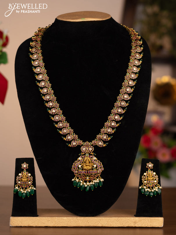Antique Haram with maanga and lakshmi design with kemp and pearl hangings