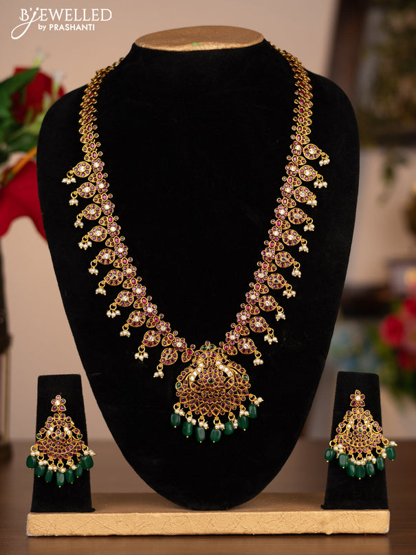 Antique Haram with maanga and double peacock design with kemp and pearl hangings