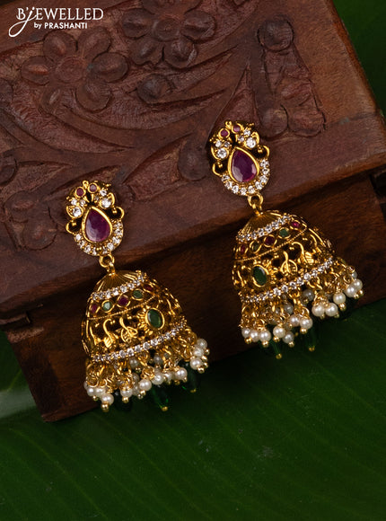 Antique medium size jhumka with kemp & cz stones and pearl hangings