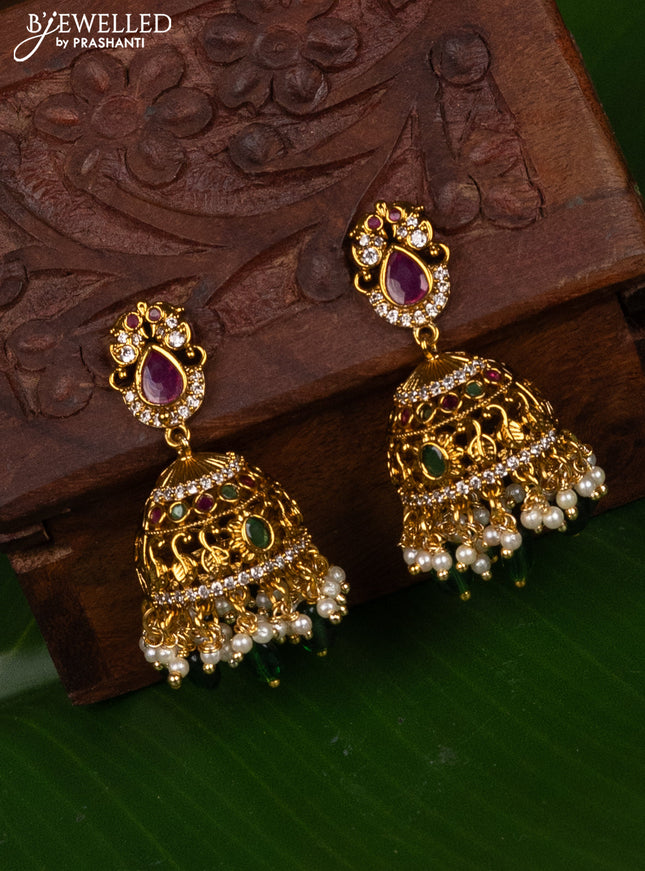 Antique medium size jhumka with kemp & cz stones and pearl hangings