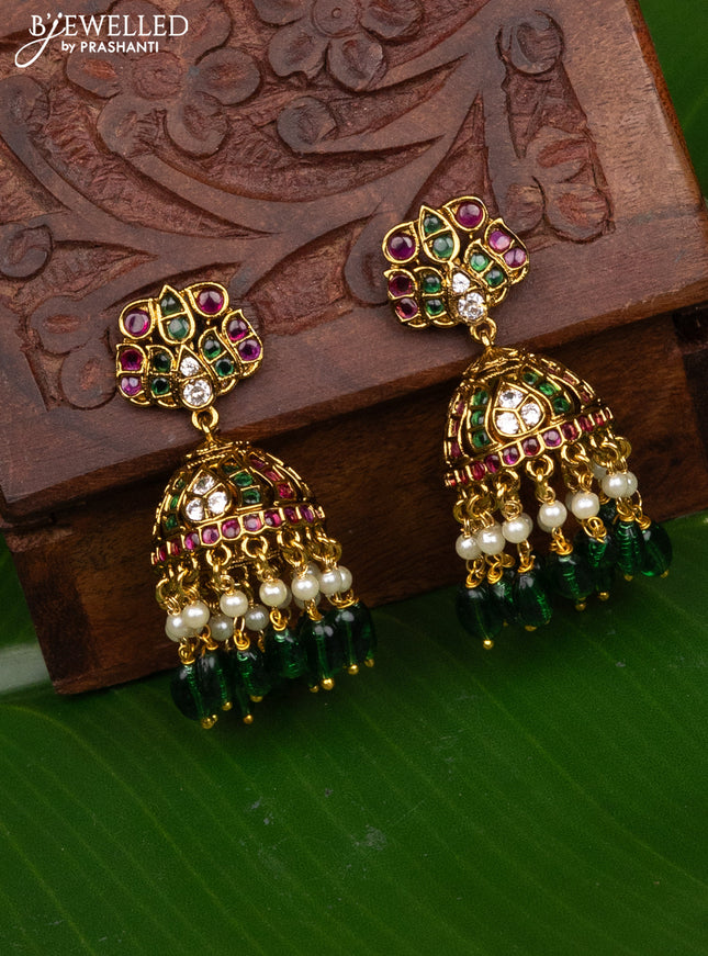 Antique medium size jhumka with kemp & cz stones and pearl hangings