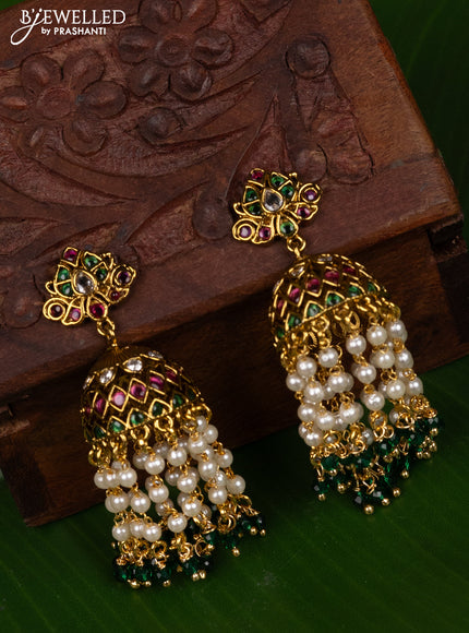 Antique medium size jhumka with kemp & cz stones and pearl long hangings