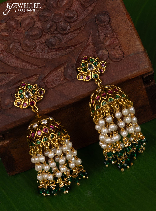 Antique medium size jhumka with kemp & cz stones and pearl long hangings