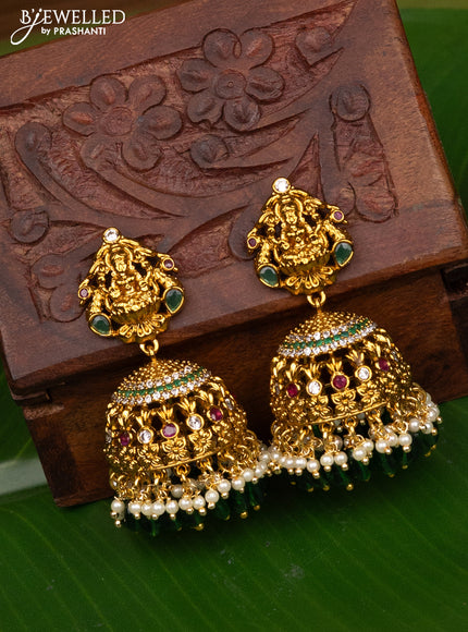 Antique big size jhumka lakshmi design with kemp & cz stones and pearl hangings