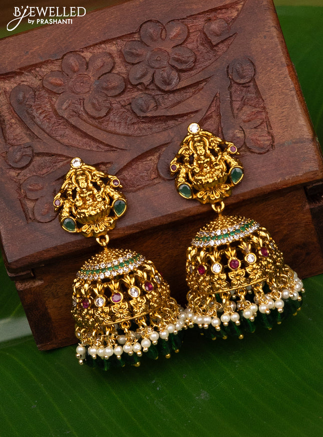 Antique big size jhumka lakshmi design with kemp & cz stones and pearl hangings