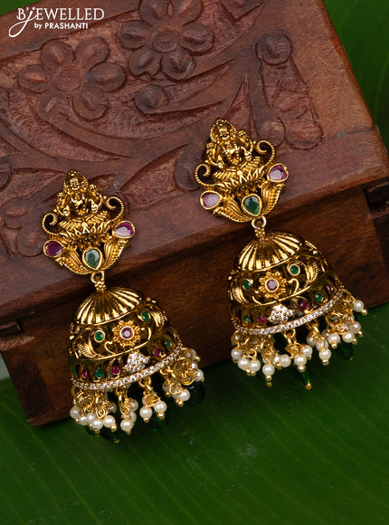 Antique big size jhumka lakshmi design with kemp & cz stones and pearl hangings