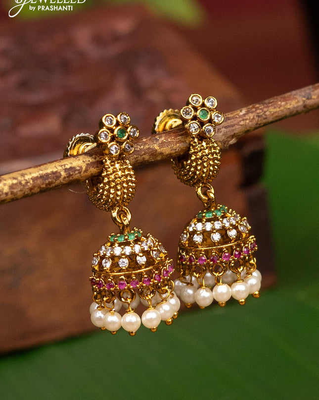 Antique small size ring type jhumka floral design with kemp & cz stones and pearl hangings