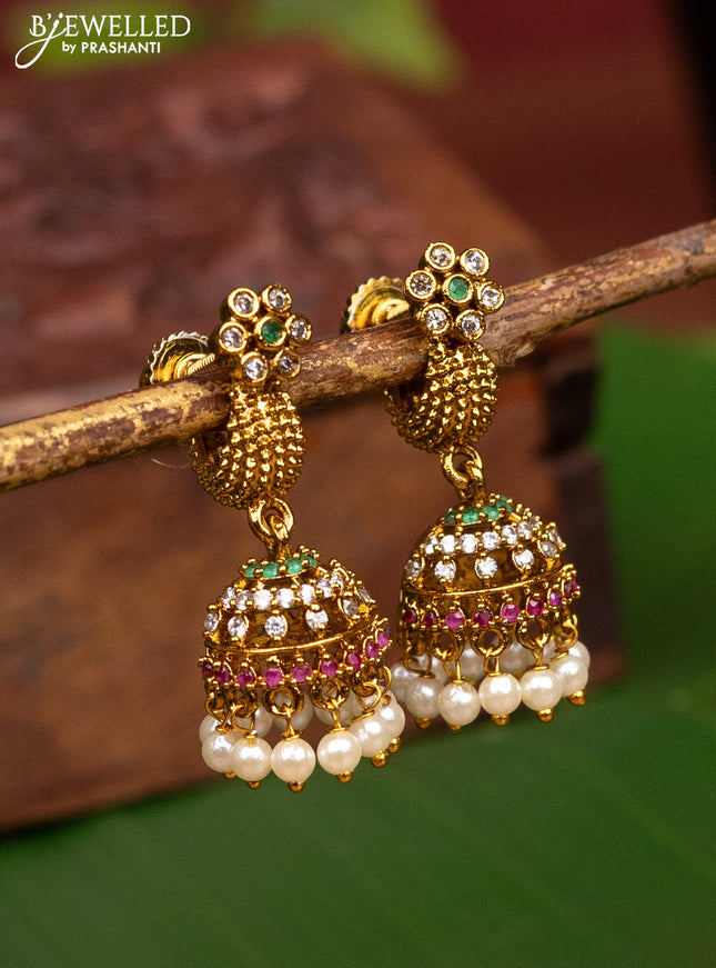 Antique small size ring type jhumka floral design with kemp & cz stones and pearl hangings