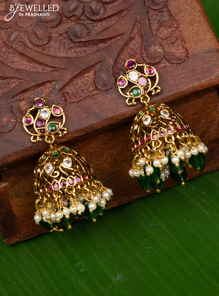 Antique medium size jhumka peacock design with kemp & cz stones and pearl hangings