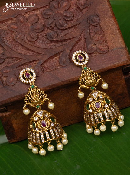 Antique big size jhumka lakshmi design with kemp & cz stones and pearl long hangings