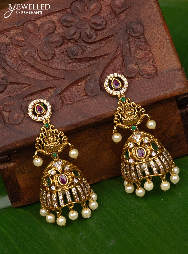 Antique big size jhumka lakshmi design with kemp & cz stones and pearl long hangings