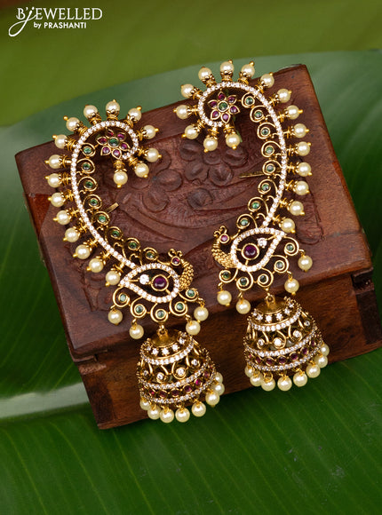 Antique earcuff jhumka peacock design with cz,kemp stones and pearl hangings