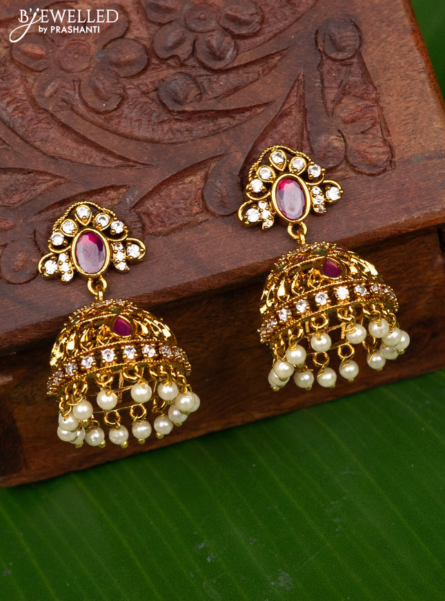 Antique medium size jhumka with kemp & cz stones and pearl hangings