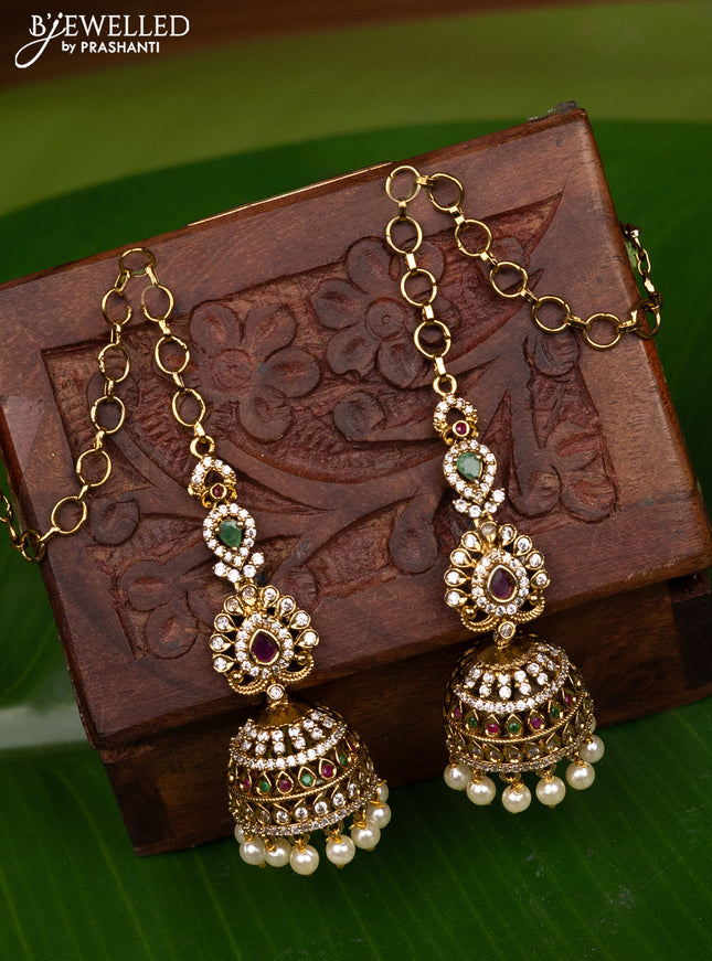 Antique medium size maatal type jhumka with kemp & cz stones and pearl hangings