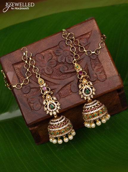 Antique medium size maatal type jhumka with kemp & cz stones and pearl hangings