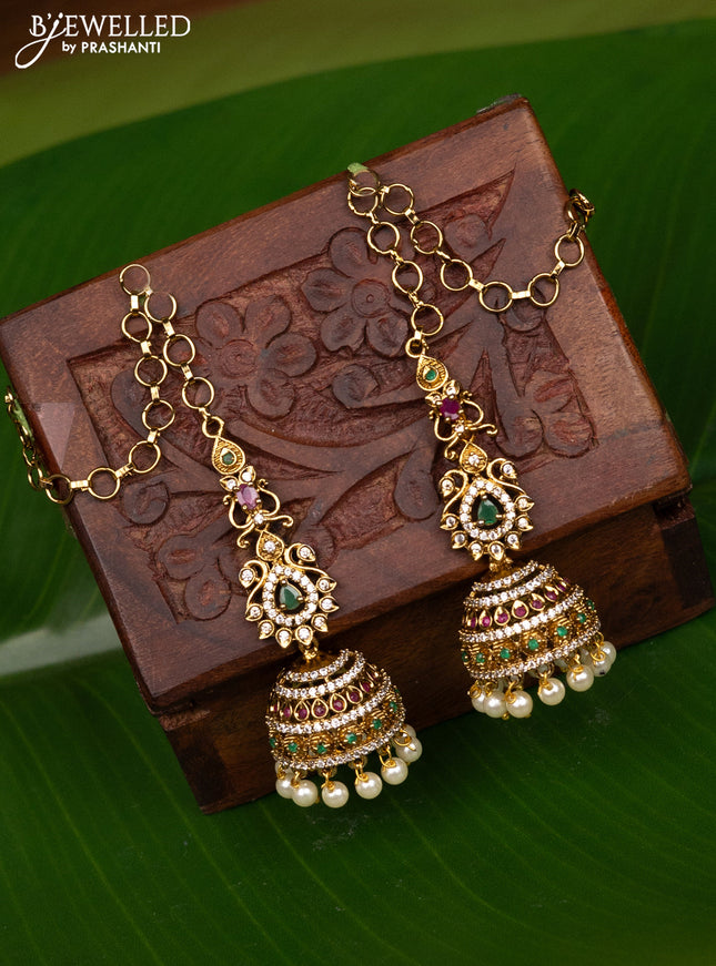 Antique medium size maatal type jhumka with kemp & cz stones and pearl hangings