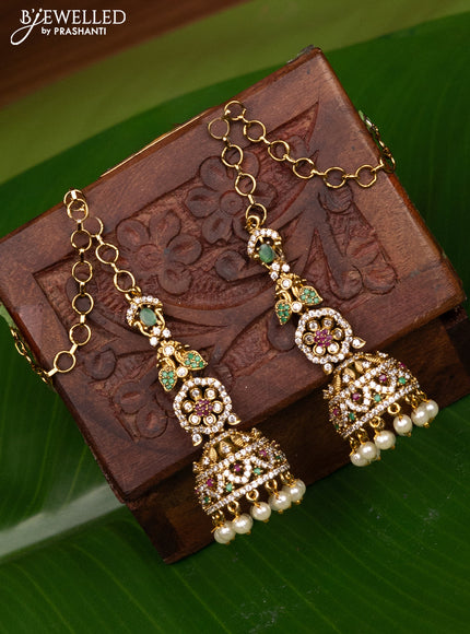 Antique medium size maatal type jhumka with kemp & cz stones and pearl hangings