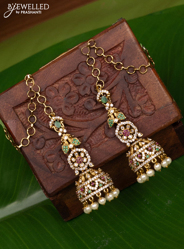 Antique medium size maatal type jhumka with kemp & cz stones and pearl hangings