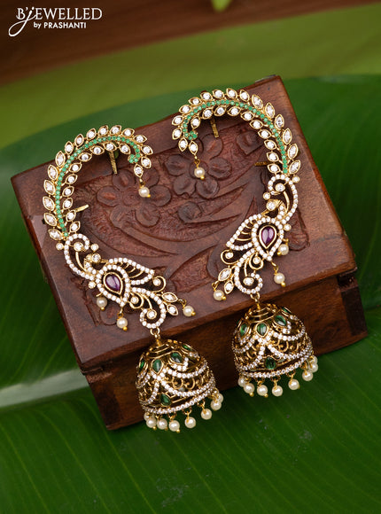 Antique earcuff jhumka peacock design with cz,kemp stones and pearl hangings
