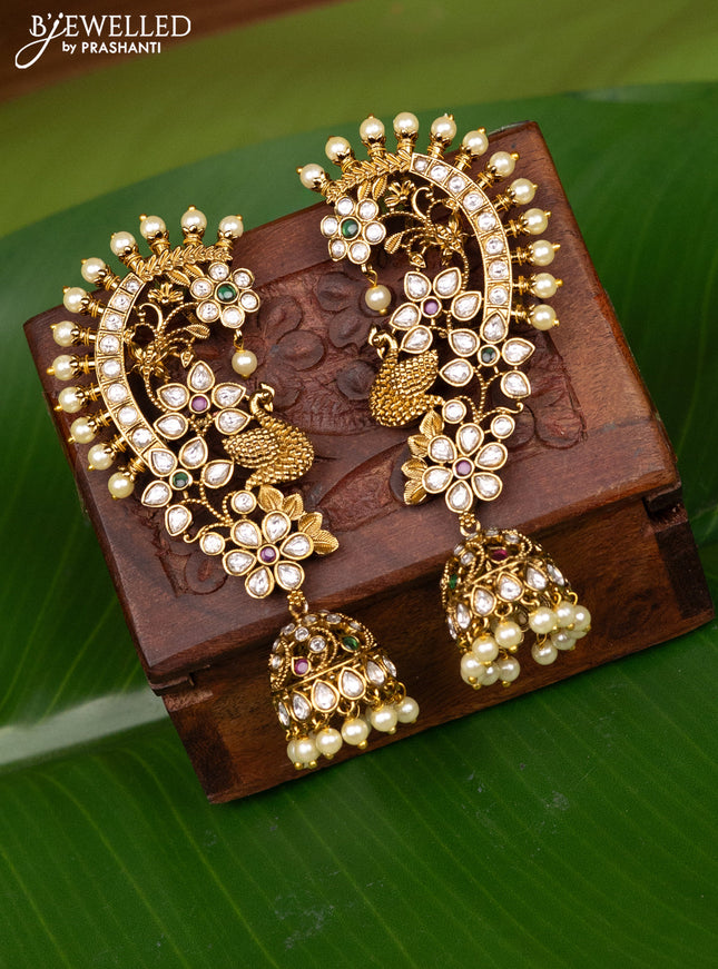Antique earcuff jhumka peacock design with cz,kemp stones and pearl hangings