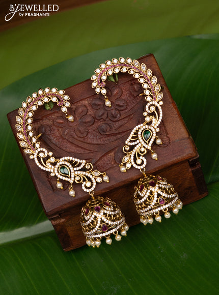 Antique earcuff jhumka peacock design with cz,kemp stones and pearl hangings