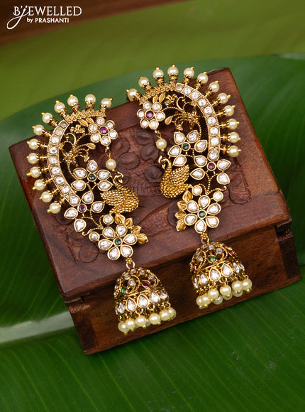 Antique earcuff jhumka peacock design with cz,kemp stones and pearl hangings